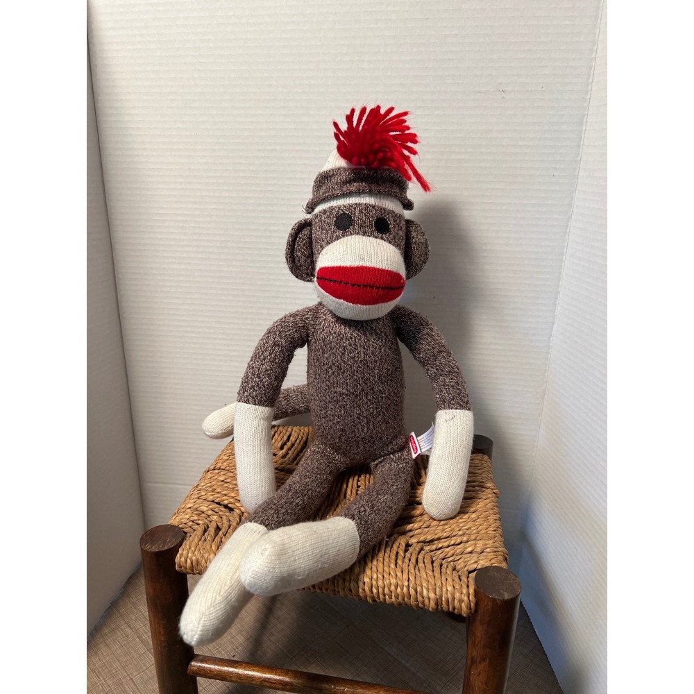 Schylling Sock Monkey Plush Toy Stuffed Animal Red Pom Pom Hat Brown White